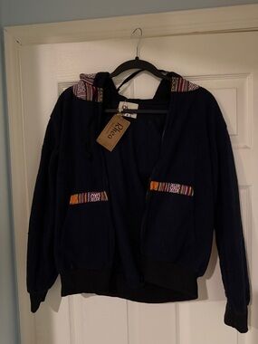 Navy Hooded Zip-Up Cardigan with Patterned Trim bohemian boho earthy edgy skater